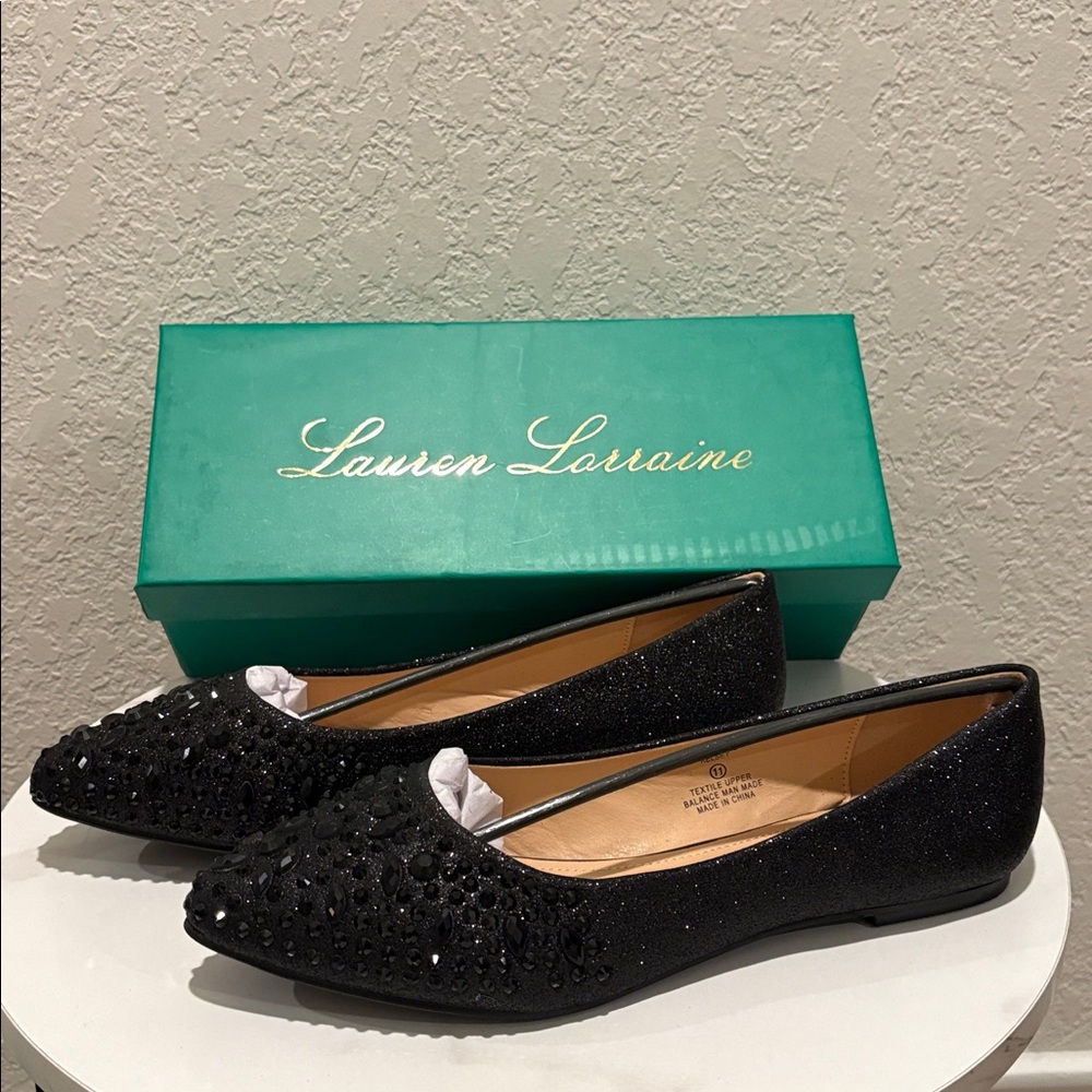 Lauren Lorraine Black Jeweled Pointed Toe Flats